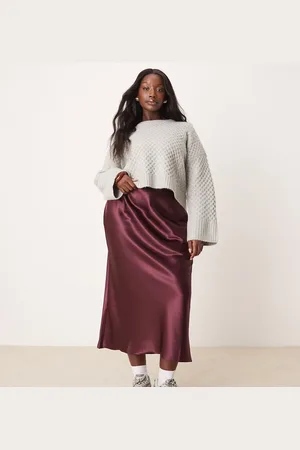 New Look New Look Curve satin midi bias skirt in burgundy