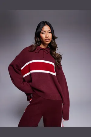 ASOS Fluffy knitted hoodie co-ord in burgundy