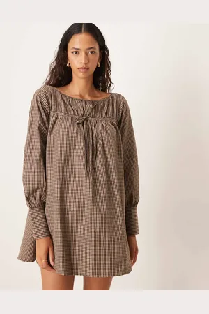ASOS Gathered detail blouson sleeve mini dress in brown check
