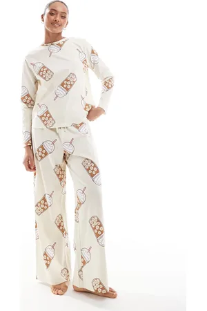 ASOS Iced coffee long sleeve top and trouser pyjama set in beige