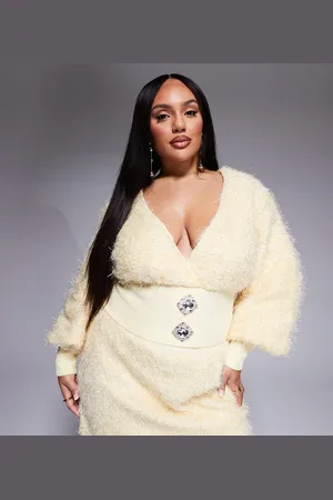 ASOS Curve co-ord fluffy textured cardigan with embellished buttons in Buttermilk