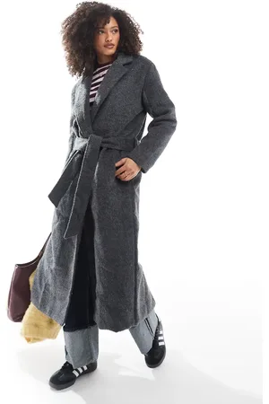 Brave Soul Wool look belted overcoat in charcoal