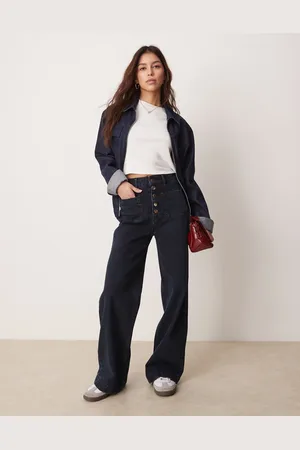 ASOS Wide leg jean with patch pockets and gold detail button fly in blue black