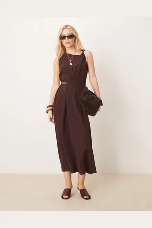 ASOS Twist strap drape midi dress with gold trim in chocolate