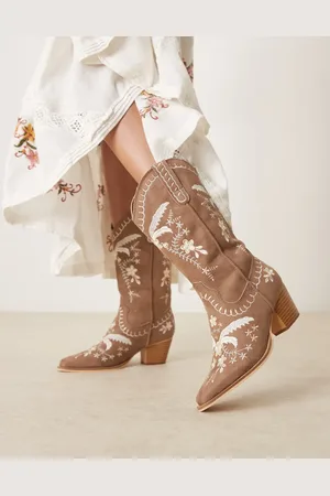 Glamorous Embroidered western knee boots in tan