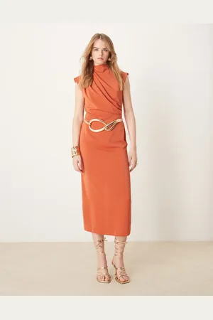 ASOS High neck sleeveless midi dress with draped neck in rust