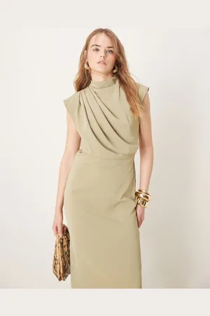 ASOS High neck sleeveless midi dress with draped neck in sage