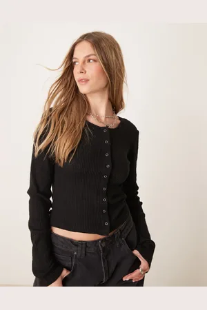 Gina Tricot Button front rib long sleeve top in