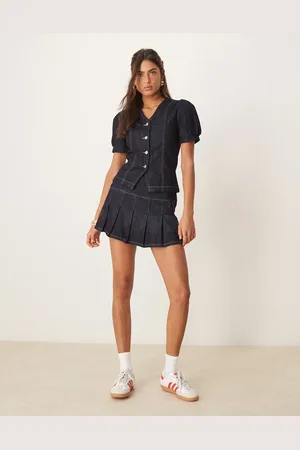 Glamorous Pleated mini skirt in indigo denim co-ord