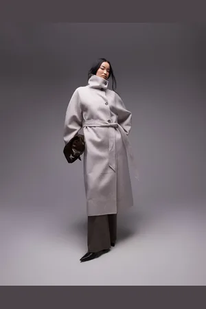 & OTHER STORIES Belted wool blend maxi coat with high funnel and sculptural sleeves in mole