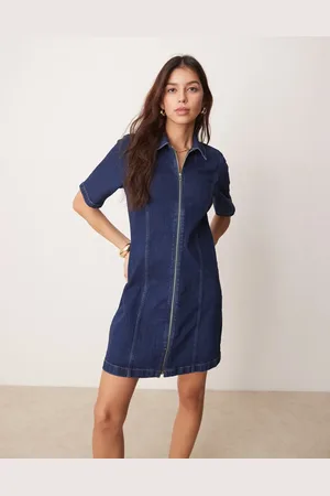Abercrombie & Fitch Denim zip detail mini aline skater dress in wash