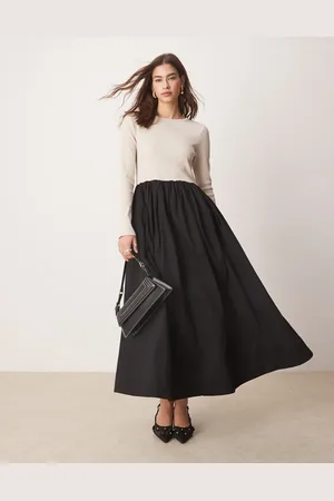 Y.A.S Long sleeved jersey and poplin hybrid maxi dress in and cream