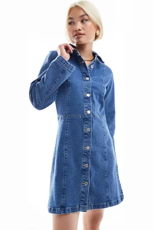 VERO MODA Wide sleeve buttondown mini dress in medium denim