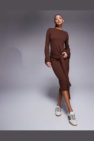 ASOS Knitted midi dress with tie front in chocolate
