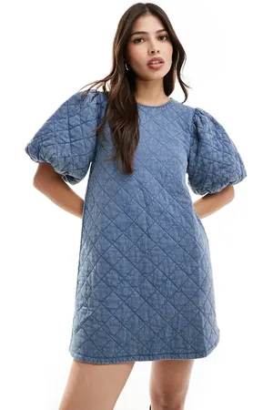 ASOS Quilted puff sleeve mini dress in denim wash