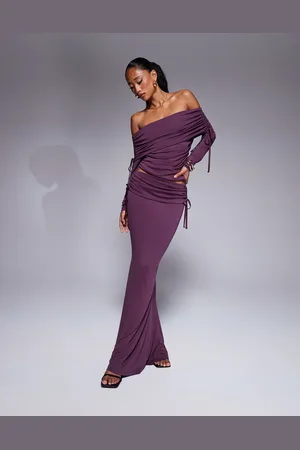 ASOS Soft handle fold over waist fishtail maxi skirt with side ruching in burgundy