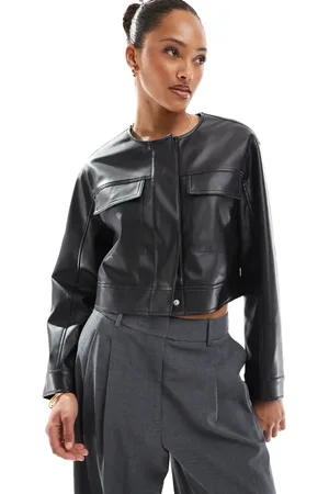 ASOS Cropped collarless leather look jacket in