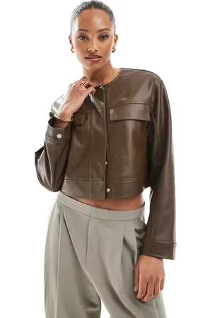 ASOS Cropped collarless leather look jacket in chocolate