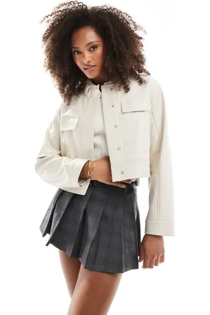 ASOS Cropped collarless leather look jacket in cream