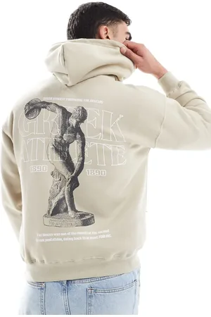 Pull&Bear Front graphic printed hoodie in stone