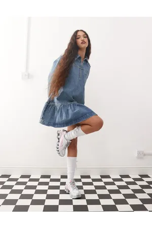 COLLUSION Denim mini smock dress In midwash
