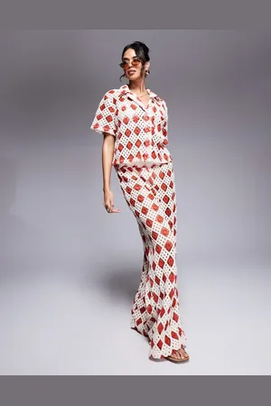 South Beach Crochet short sleeve beach shirt co-ord in cream and rust