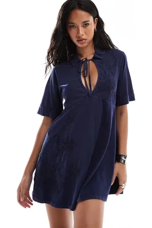 ASOS Collared swing mini dress in denim wash with placement embroidery