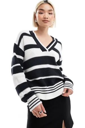 French Connection V-neck striped varsity jumper in white and navy