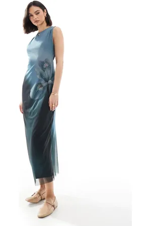 Pull&Bear Mesh sleeveless maxi dress in blue ombre floral print