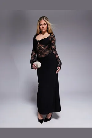 ASOS Long sleeve lace mix midi dress with soft draped skirt in