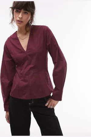 Topshop V neck cotton waisted long sleeve top in burgundy