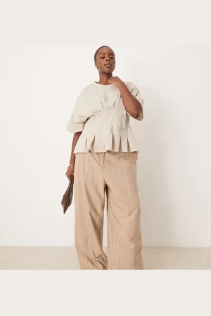 ASOS Curve tailored relaxed straight leg trousers in taupe stripe
