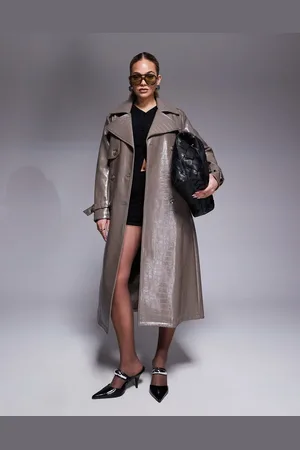 River Island Faux leather croc trench coat in dark stone