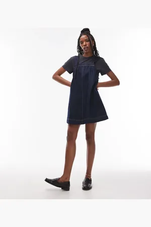 Topshop Denim pinny dress with button detail in raw look indigo