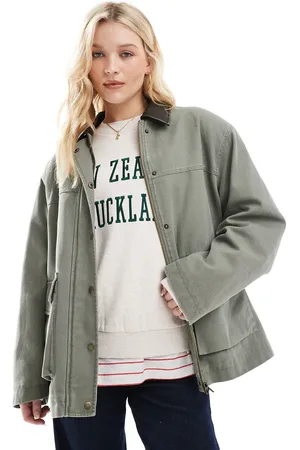 ASOS Oversized washed barn jacket with leather look collar in khaki