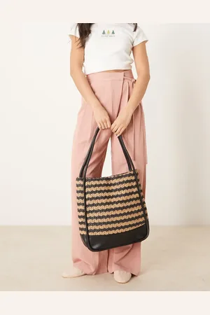 Glamorous Stripe straw tote bag in black and natural