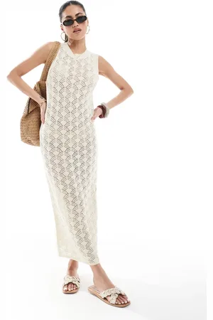 VERO MODA Crochet knitted midi dress in cream