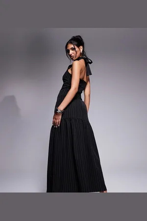 Kaiia Exclusive tie halterneck dropped hem maxi dress in pinstripe