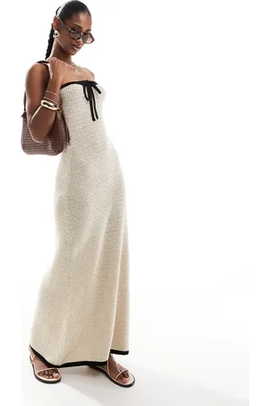 4th & Reckless Contrast edge tie front crochet beach maxi dress in ecru
