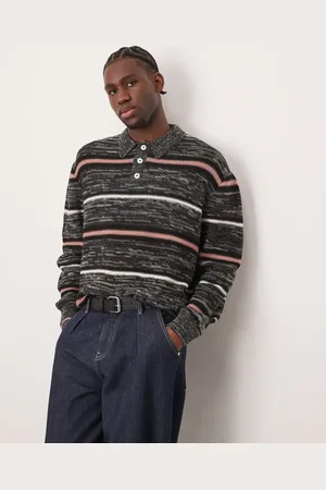 ASOS Oversized knitted stripe polo in grey marl