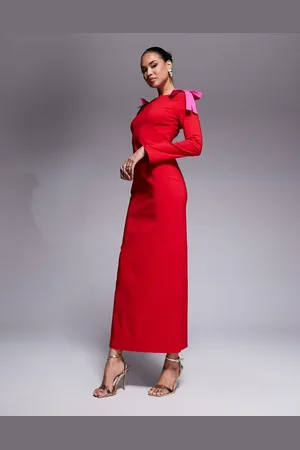 DASKA Bow shoulder maxi dress in red and pink