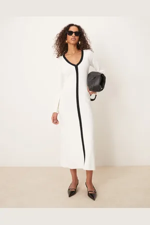 Pretty Lavish Contrast seam knit midaxi dress in cream and black