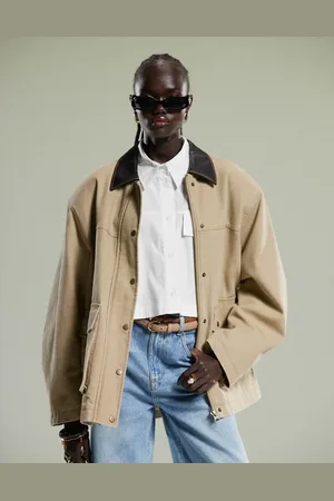 ASOS Oversized washed barn jacket with leather look collar in stone