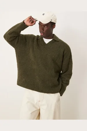 ASOS Oversized boxy fit textured knitted notch neck jumper in khaki - KHAKI