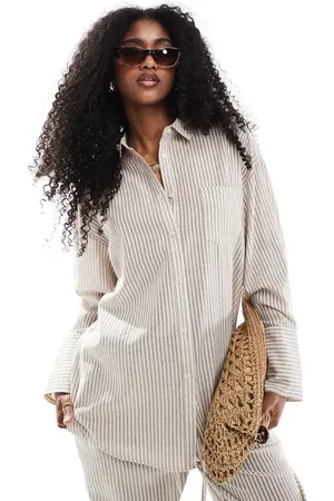 4th & Reckless Lightweight linen look stripe shirt co-ord in beige