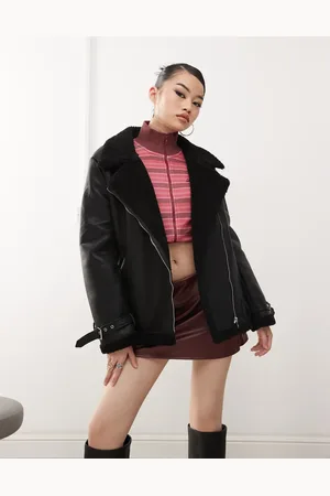 Princess Polly Leather look faux shearling buckle detail aviator jacket in