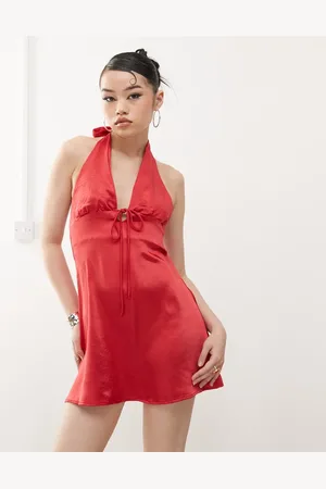 Princess Polly Satin halterneck tie front mini slip dress in