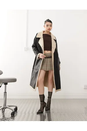 Princess Polly Leather look contrast faux shearling button front longline coat in and beige