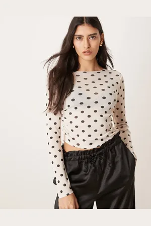 ASOS Fitted polka dot mesh long sleeve top in cream