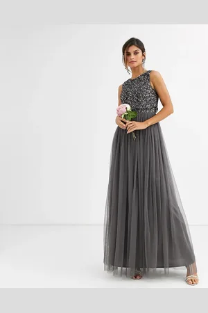 Maya Deluxe Bridesmaid delicate sequin 2 in 1 maxi dress in dark